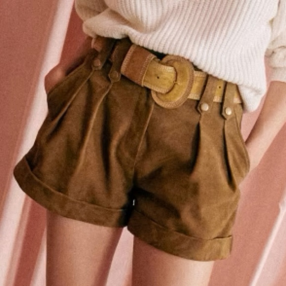 Sezane High-Waist Pleated Shorts in Brown